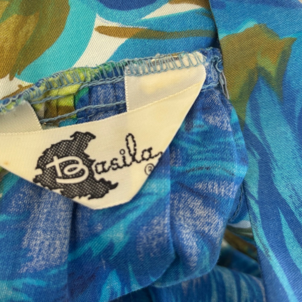 Vintage Basila 60s Vibrant Floral Blue and Green Sleeveless Caftan Hostess Dress - Picture 5 of 13